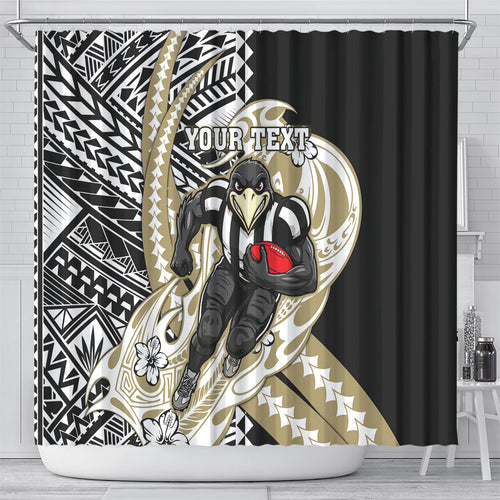 Personalized Collingwood Magpies Shower Curtain Polynesian Tribal Magpie Mascot With Hibiscus Floral Art