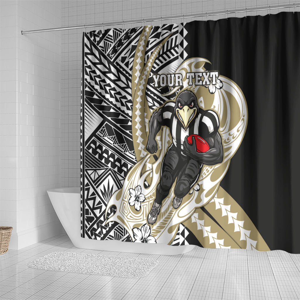Personalized Collingwood Magpies Shower Curtain Polynesian Tribal Magpie Mascot With Hibiscus Floral Art