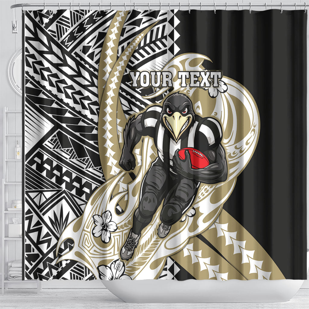 Personalized Collingwood Magpies Shower Curtain Polynesian Tribal Magpie Mascot With Hibiscus Floral Art