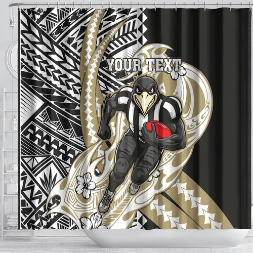 Personalized Collingwood Magpies Shower Curtain Polynesian Tribal Magpie Mascot With Hibiscus Floral Art