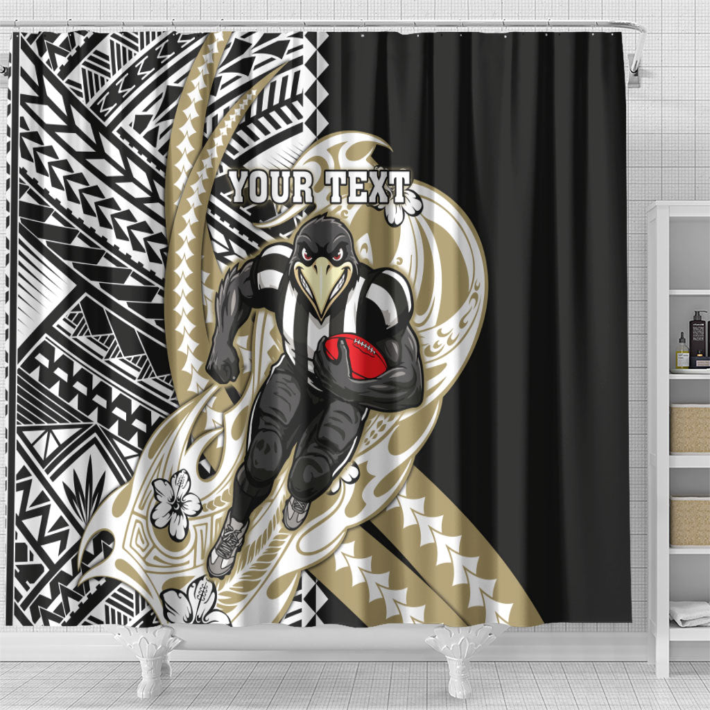 Personalized Collingwood Magpies Shower Curtain Polynesian Tribal Magpie Mascot With Hibiscus Floral Art