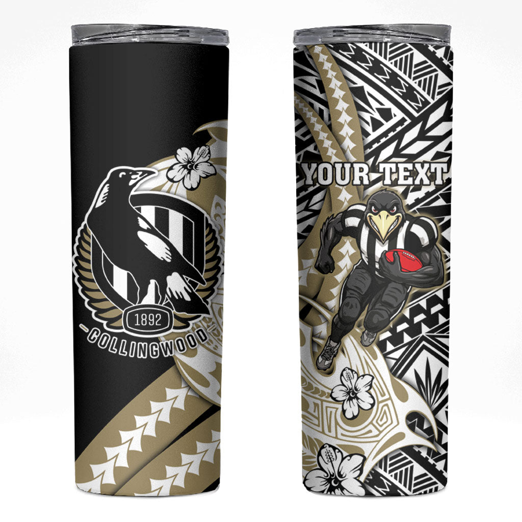 Personalized Collingwood Magpies Skinny Tumbler Polynesian Tribal Magpie Mascot With Hibiscus Floral Art