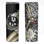 Personalized Collingwood Magpies Skinny Tumbler Polynesian Tribal Magpie Mascot With Hibiscus Floral Art