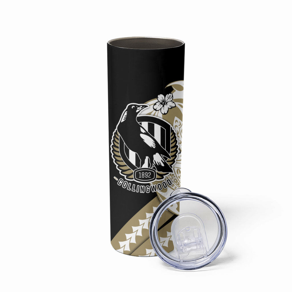 Personalized Collingwood Magpies Skinny Tumbler Polynesian Tribal Magpie Mascot With Hibiscus Floral Art