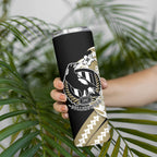 Personalized Collingwood Magpies Skinny Tumbler Polynesian Tribal Magpie Mascot With Hibiscus Floral Art