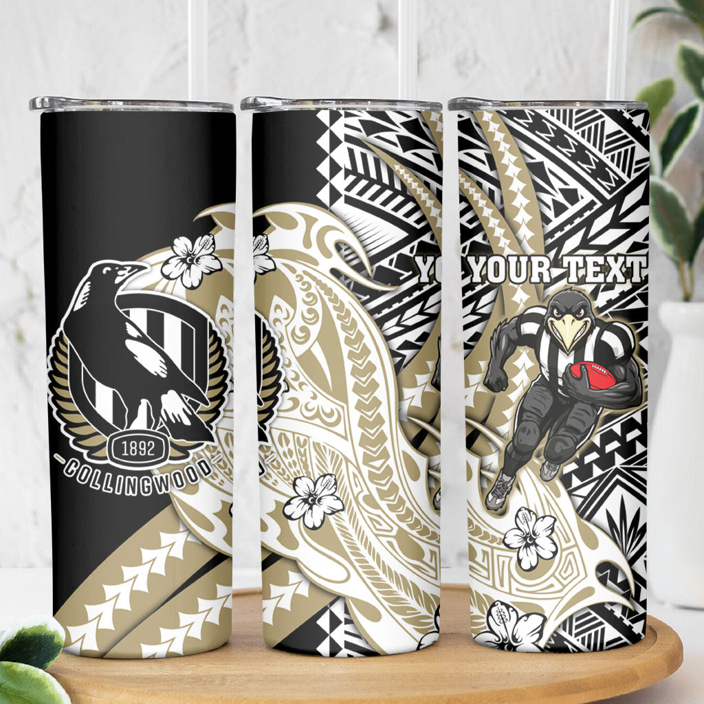 Personalized Collingwood Magpies Skinny Tumbler Polynesian Tribal Magpie Mascot With Hibiscus Floral Art