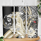Personalized Collingwood Magpies Skinny Tumbler Polynesian Tribal Magpie Mascot With Hibiscus Floral Art