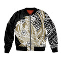 Personalized Collingwood Magpies Sleeve Zip Bomber Jacket Polynesian Tribal Magpie Mascot With Hibiscus Floral Art