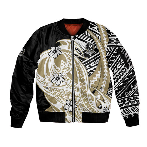 Personalized Collingwood Magpies Sleeve Zip Bomber Jacket Polynesian Tribal Magpie Mascot With Hibiscus Floral Art