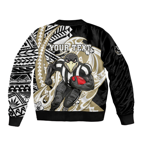 Personalized Collingwood Magpies Sleeve Zip Bomber Jacket Polynesian Tribal Magpie Mascot With Hibiscus Floral Art