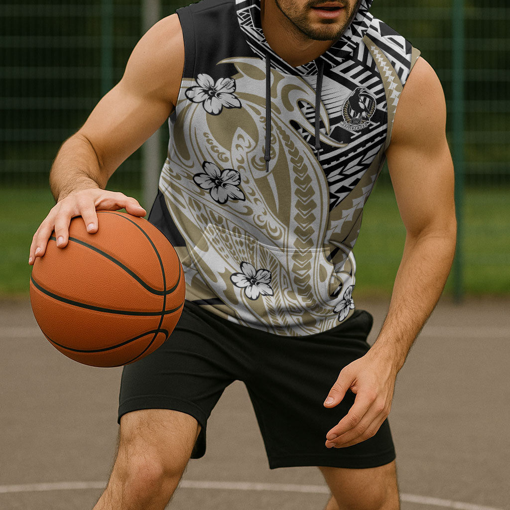 Personalized Collingwood Magpies Sleeveless Hoodie Polynesian Tribal Magpie Mascot With Hibiscus Floral Art