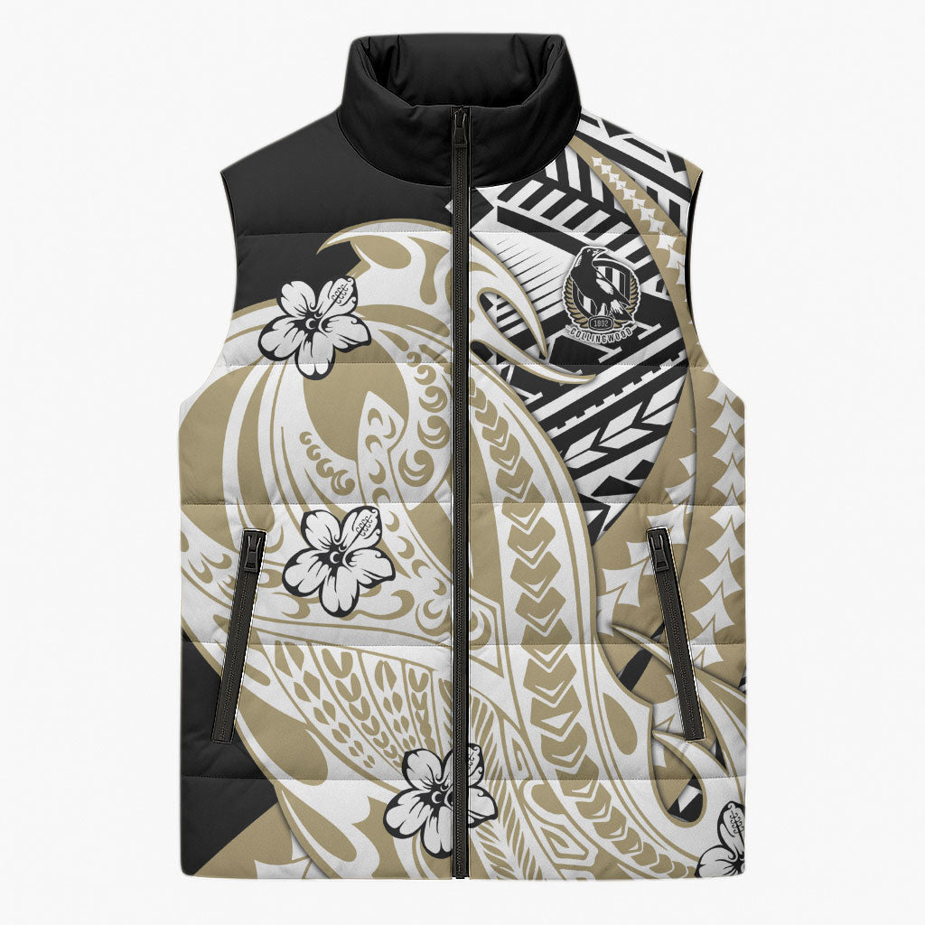 Personalized Collingwood Magpies Sleeveless Puffer Jacket Polynesian Tribal Magpie Mascot With Hibiscus Floral Art