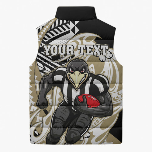 Personalized Collingwood Magpies Sleeveless Puffer Jacket Polynesian Tribal Magpie Mascot With Hibiscus Floral Art