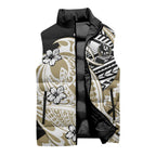 Personalized Collingwood Magpies Sleeveless Puffer Jacket Polynesian Tribal Magpie Mascot With Hibiscus Floral Art