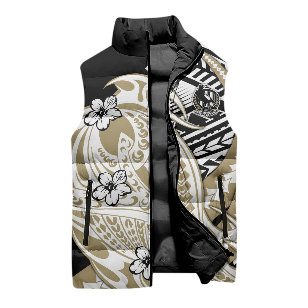Personalized Collingwood Magpies Sleeveless Puffer Jacket Polynesian Tribal Magpie Mascot With Hibiscus Floral Art