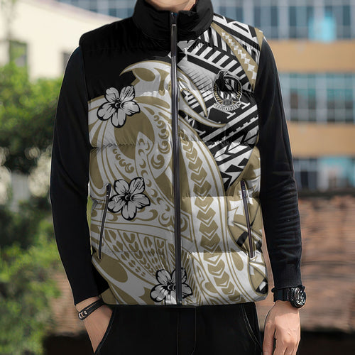 Personalized Collingwood Magpies Sleeveless Puffer Jacket Polynesian Tribal Magpie Mascot With Hibiscus Floral Art