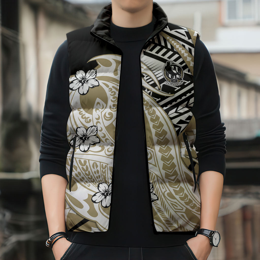 Personalized Collingwood Magpies Sleeveless Puffer Jacket Polynesian Tribal Magpie Mascot With Hibiscus Floral Art