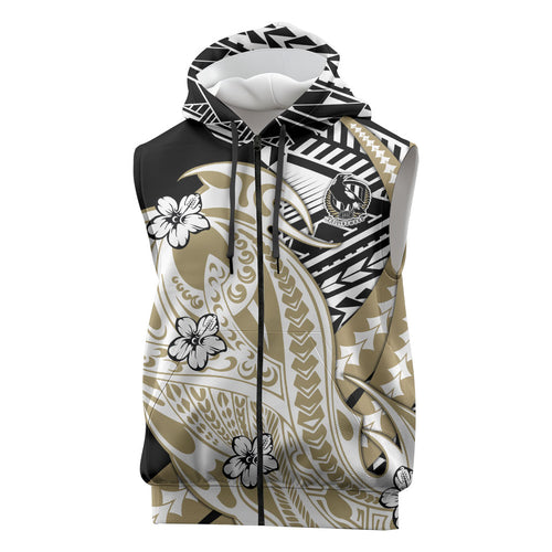 Personalized Collingwood Magpies Sleeveless Zip Hoodie Polynesian Tribal Magpie Mascot With Hibiscus Floral Art