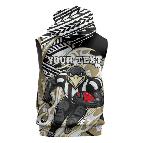 Personalized Collingwood Magpies Sleeveless Zip Hoodie Polynesian Tribal Magpie Mascot With Hibiscus Floral Art