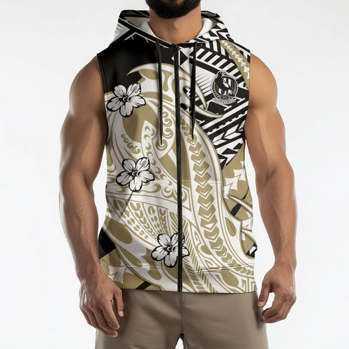 Personalized Collingwood Magpies Sleeveless Zip Hoodie Polynesian Tribal Magpie Mascot With Hibiscus Floral Art