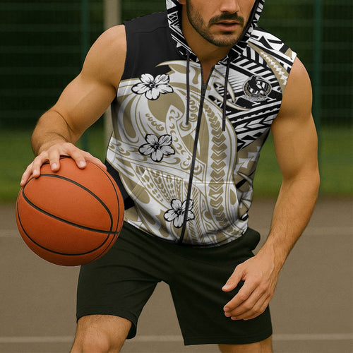 Personalized Collingwood Magpies Sleeveless Zip Hoodie Polynesian Tribal Magpie Mascot With Hibiscus Floral Art