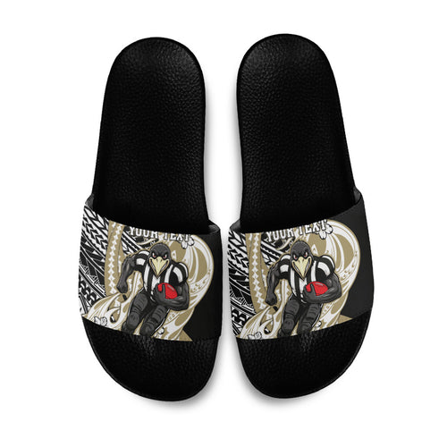 Personalized Collingwood Magpies Slide Sandals Polynesian Tribal Magpie Mascot With Hibiscus Floral Art