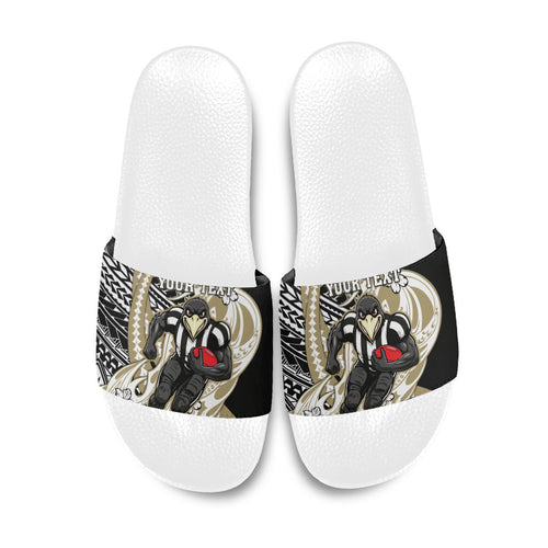 Personalized Collingwood Magpies Slide Sandals Polynesian Tribal Magpie Mascot With Hibiscus Floral Art
