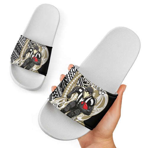 Personalized Collingwood Magpies Slide Sandals Polynesian Tribal Magpie Mascot With Hibiscus Floral Art