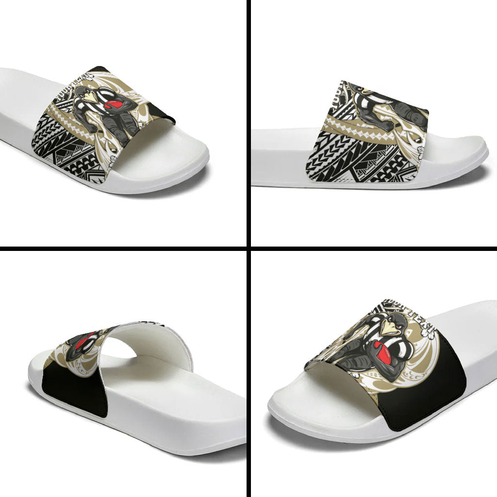 Personalized Collingwood Magpies Slide Sandals Polynesian Tribal Magpie Mascot With Hibiscus Floral Art
