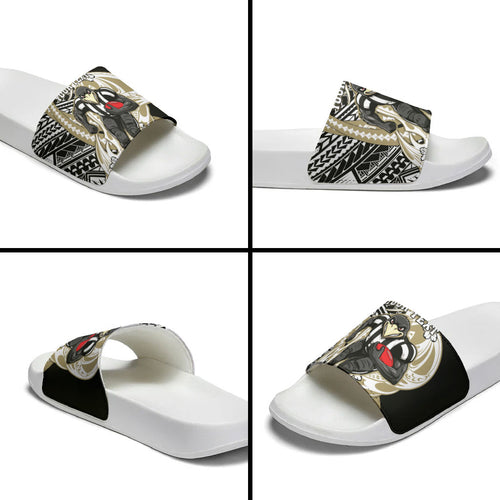 Personalized Collingwood Magpies Slide Sandals Polynesian Tribal Magpie Mascot With Hibiscus Floral Art