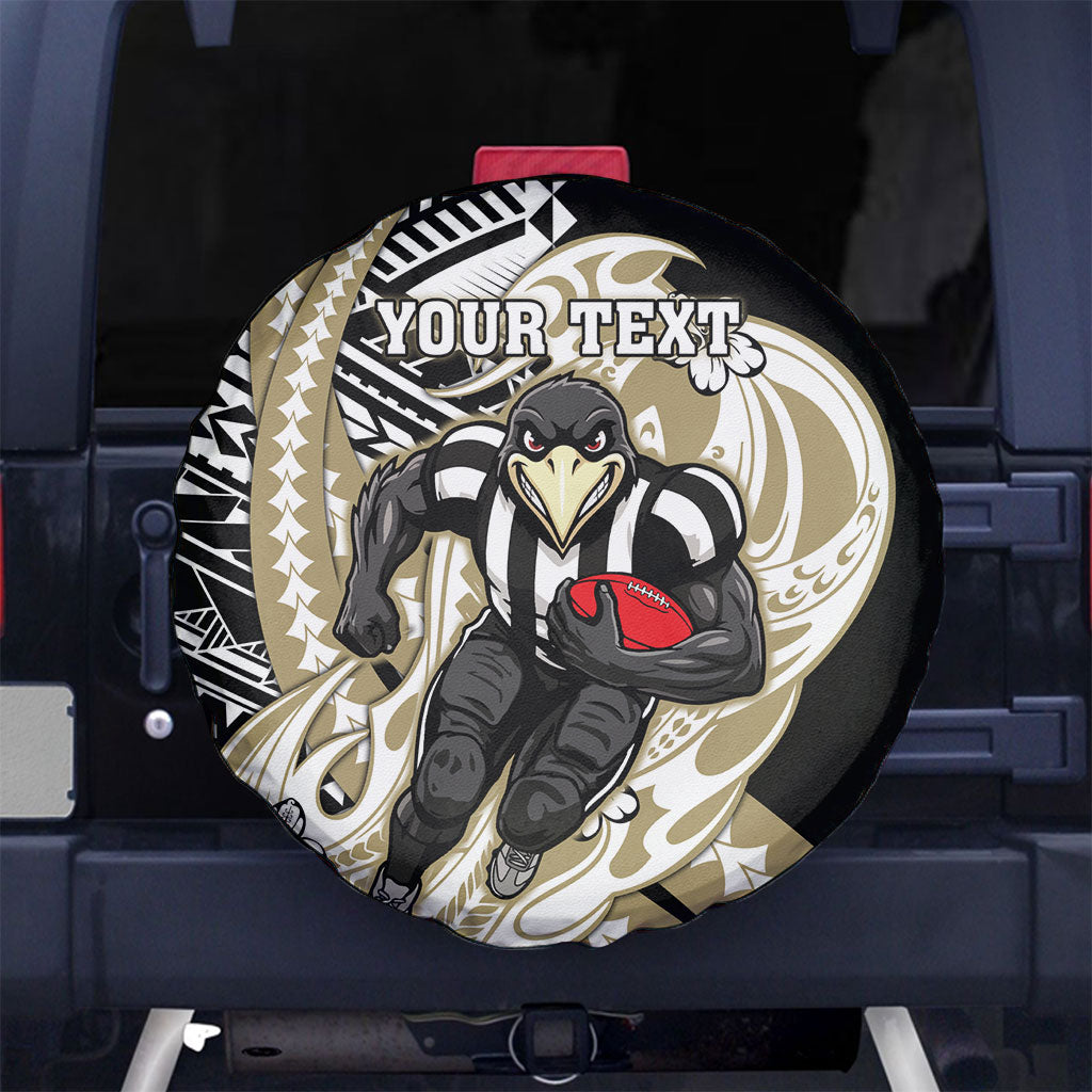 Personalized Collingwood Magpies Spare Tire Cover Polynesian Tribal Magpie Mascot With Hibiscus Floral Art
