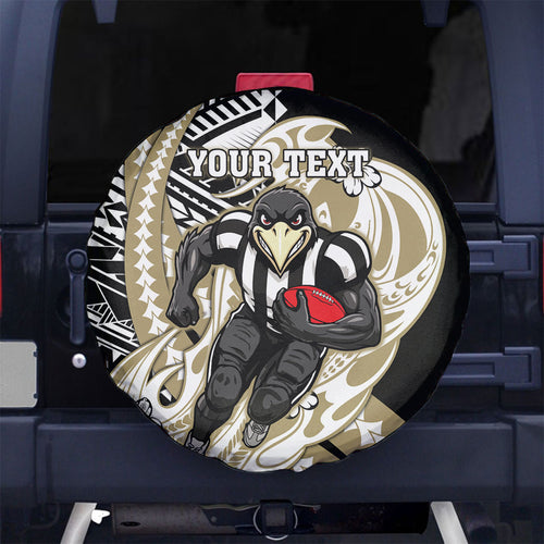 Personalized Collingwood Magpies Spare Tire Cover Polynesian Tribal Magpie Mascot With Hibiscus Floral Art
