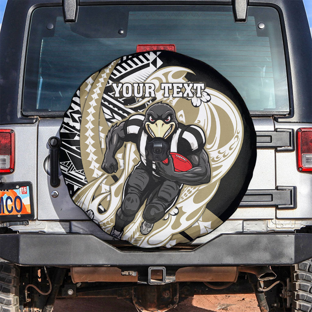 Personalized Collingwood Magpies Spare Tire Cover Polynesian Tribal Magpie Mascot With Hibiscus Floral Art