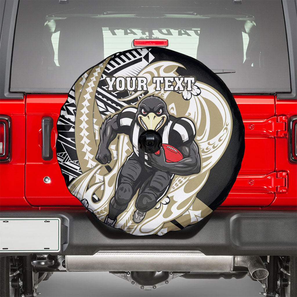 Personalized Collingwood Magpies Spare Tire Cover Polynesian Tribal Magpie Mascot With Hibiscus Floral Art