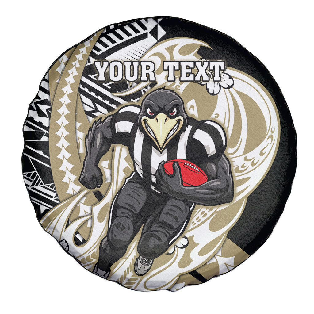 Personalized Collingwood Magpies Spare Tire Cover Polynesian Tribal Magpie Mascot With Hibiscus Floral Art