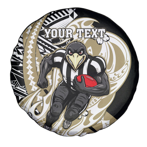 Personalized Collingwood Magpies Spare Tire Cover Polynesian Tribal Magpie Mascot With Hibiscus Floral Art