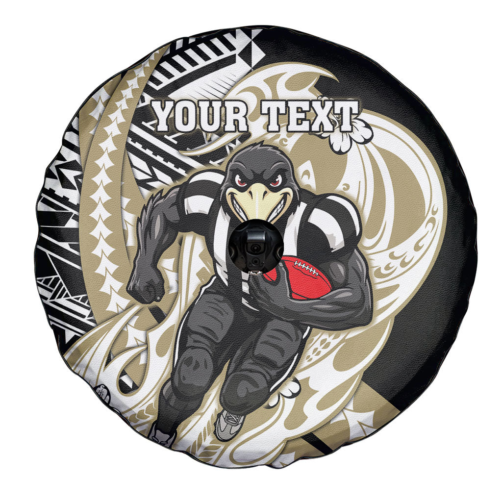 Personalized Collingwood Magpies Spare Tire Cover Polynesian Tribal Magpie Mascot With Hibiscus Floral Art