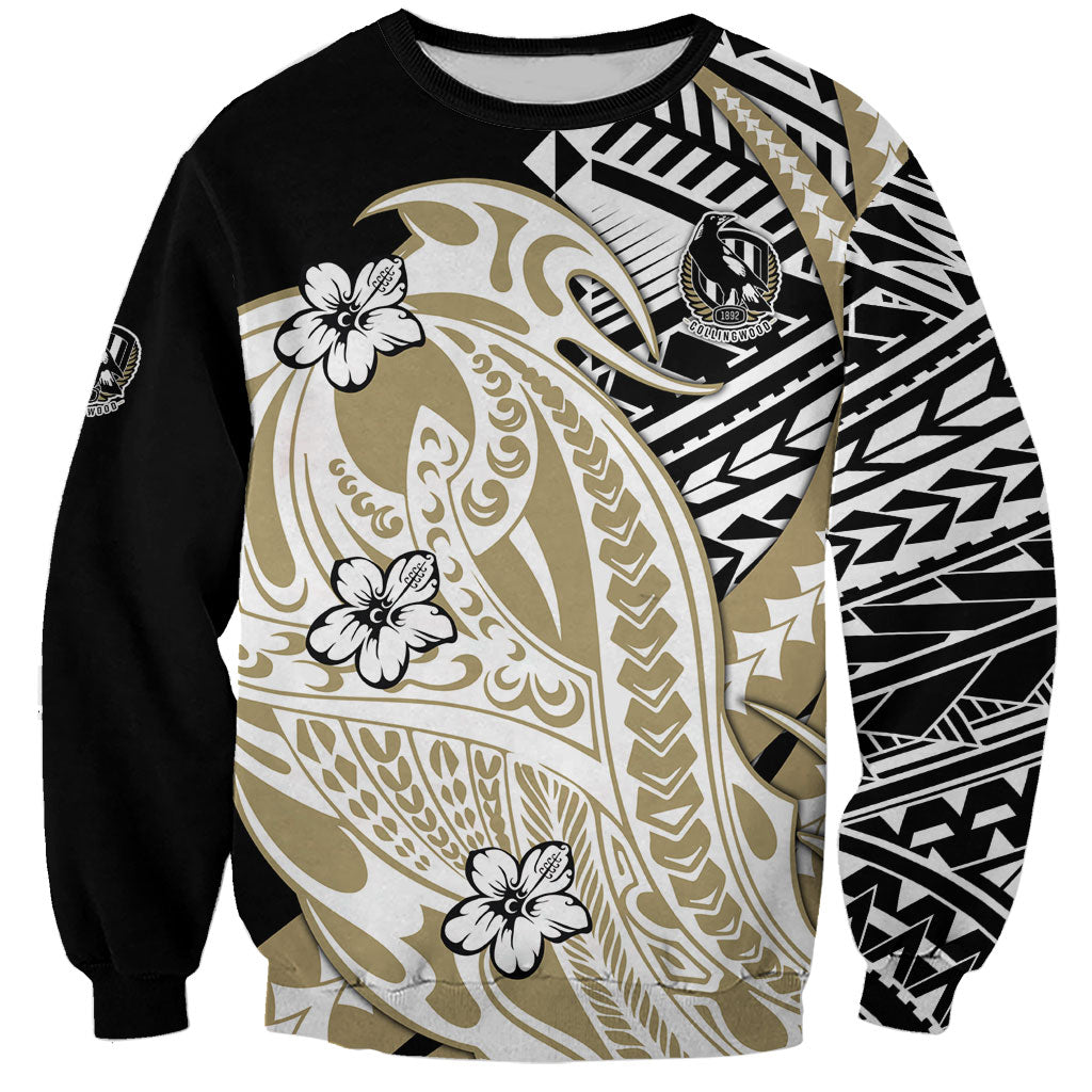 Personalized Collingwood Magpies Sweatshirt Polynesian Tribal Magpie Mascot With Hibiscus Floral Art