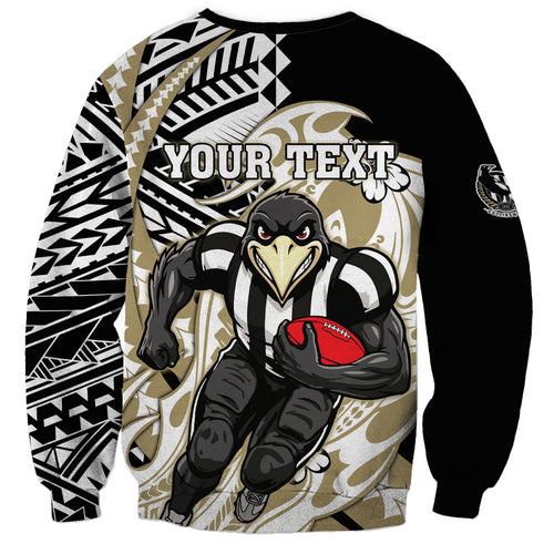 Personalized Collingwood Magpies Sweatshirt Polynesian Tribal Magpie Mascot With Hibiscus Floral Art