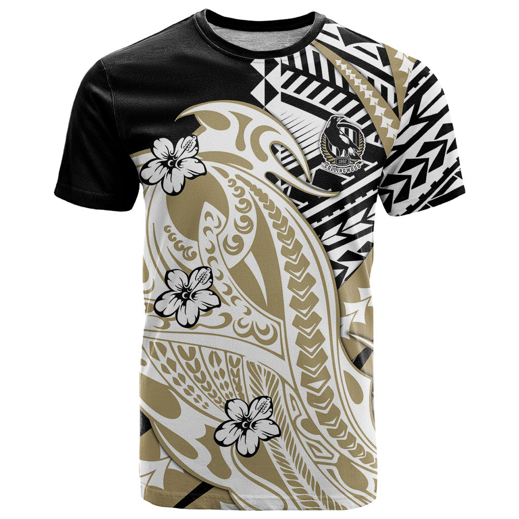 Personalized Collingwood Magpies T Shirt Polynesian Tribal Magpie Mascot With Hibiscus Floral Art