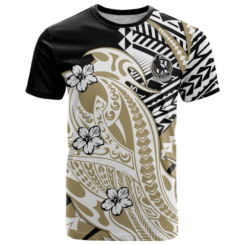 Personalized Collingwood Magpies T Shirt Polynesian Tribal Magpie Mascot With Hibiscus Floral Art