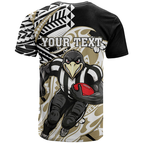 Personalized Collingwood Magpies T Shirt Polynesian Tribal Magpie Mascot With Hibiscus Floral Art