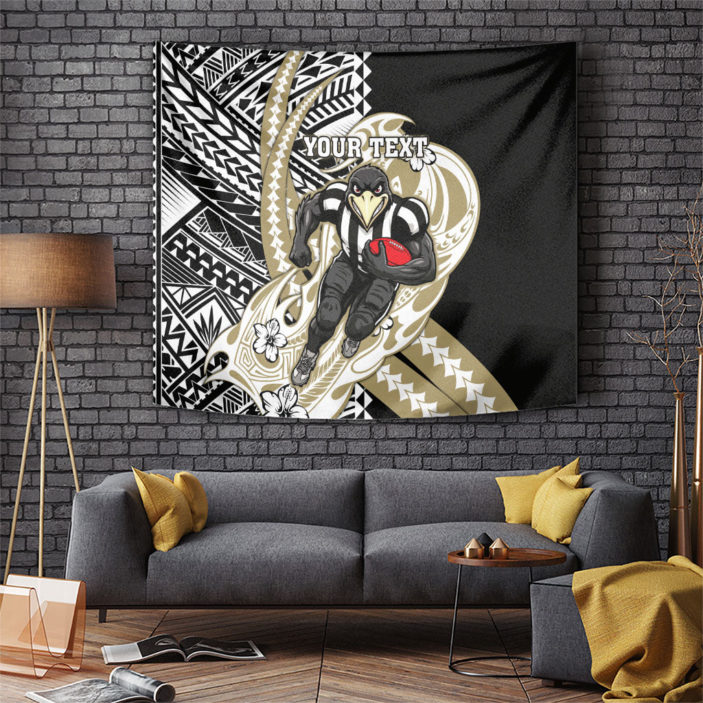 Personalized Collingwood Magpies Tapestry Polynesian Tribal Magpie Mascot With Hibiscus Floral Art