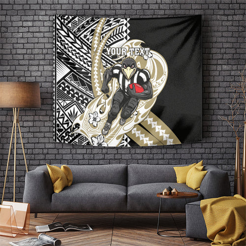 Personalized Collingwood Magpies Tapestry Polynesian Tribal Magpie Mascot With Hibiscus Floral Art