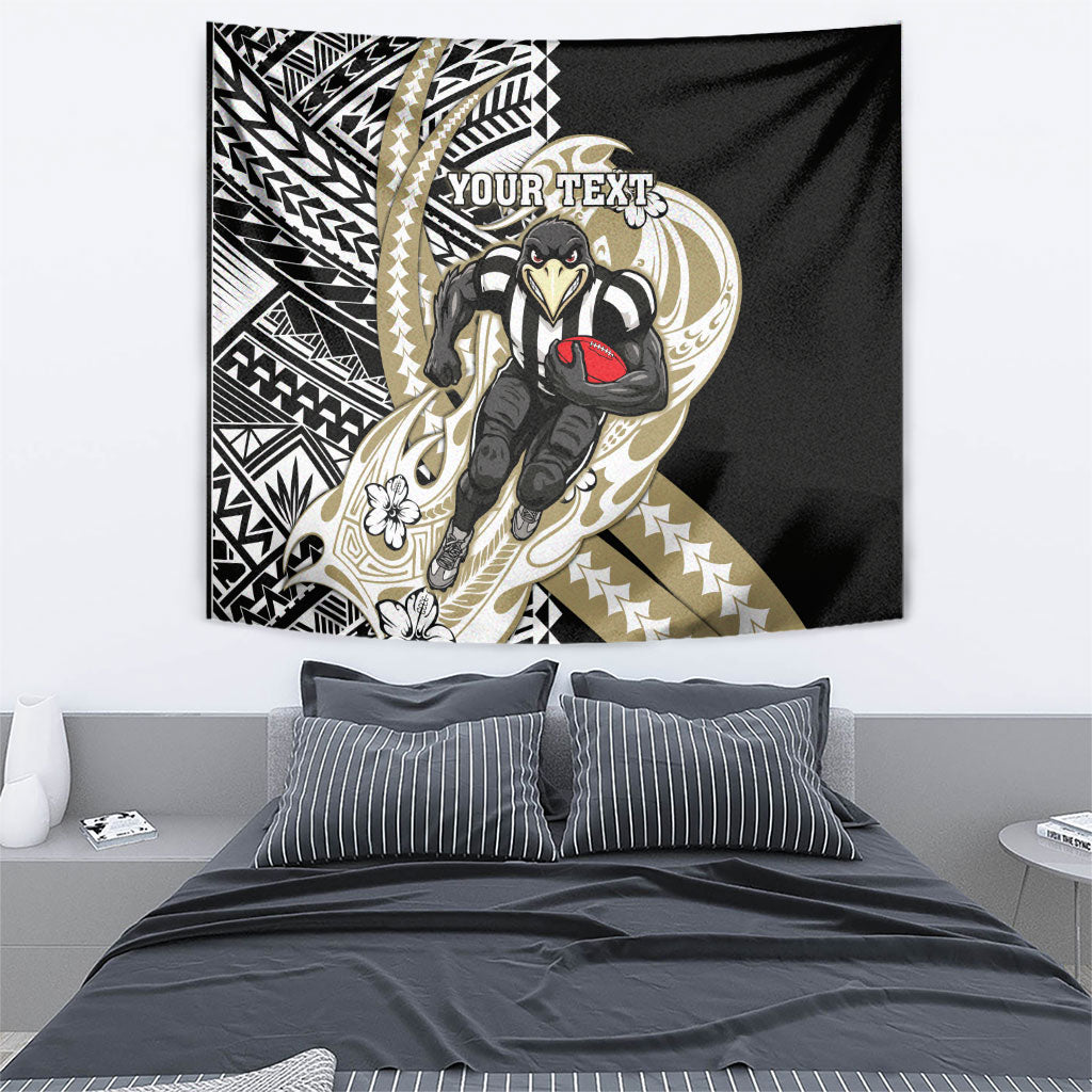 Personalized Collingwood Magpies Tapestry Polynesian Tribal Magpie Mascot With Hibiscus Floral Art