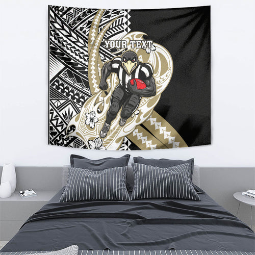 Personalized Collingwood Magpies Tapestry Polynesian Tribal Magpie Mascot With Hibiscus Floral Art