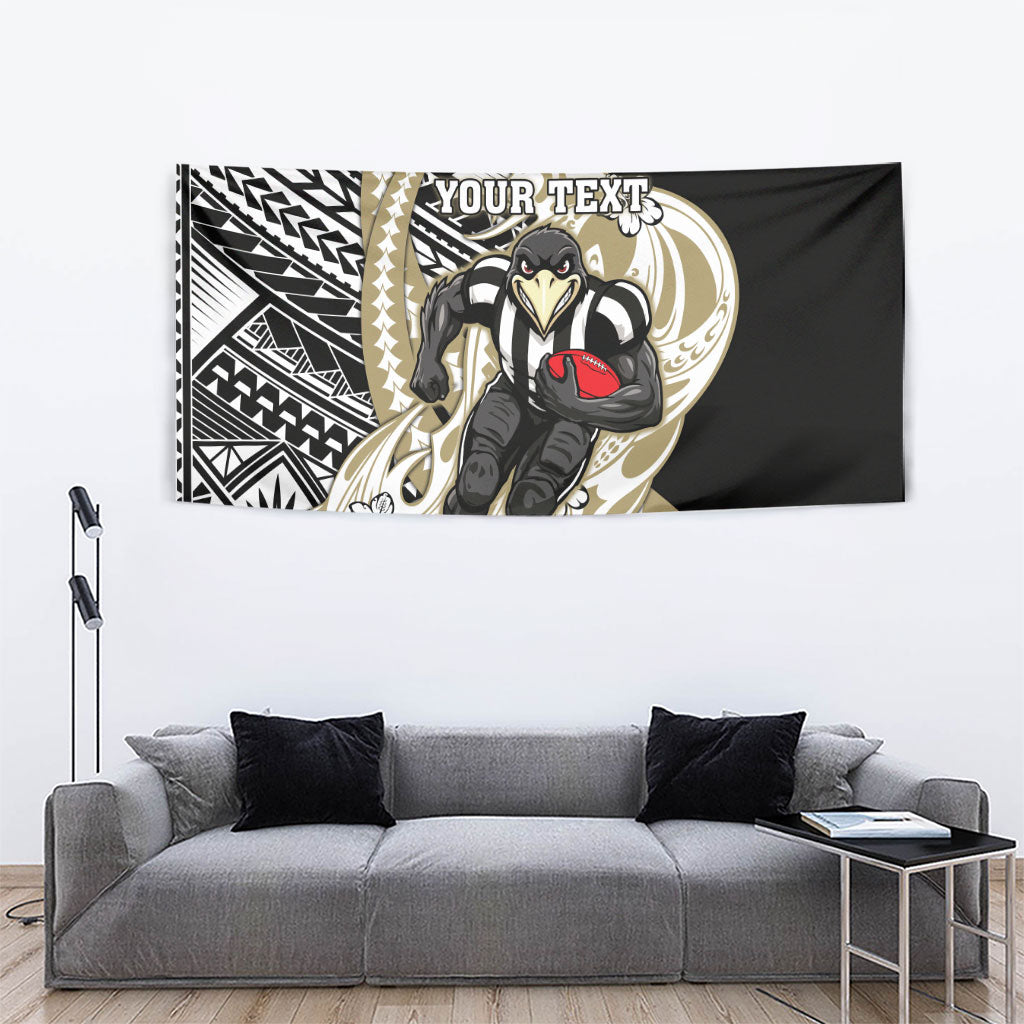 Personalized Collingwood Magpies Tapestry Polynesian Tribal Magpie Mascot With Hibiscus Floral Art