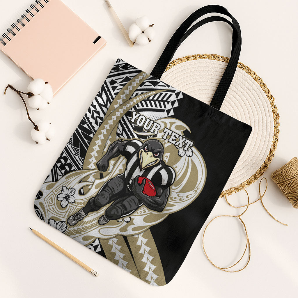 Personalized Collingwood Magpies Tote Bag Polynesian Tribal Magpie Mascot With Hibiscus Floral Art
