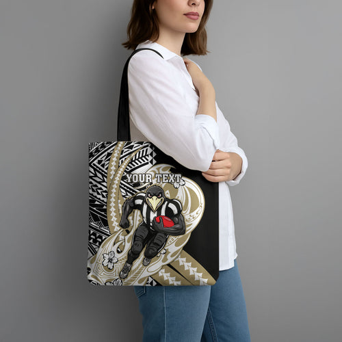 Personalized Collingwood Magpies Tote Bag Polynesian Tribal Magpie Mascot With Hibiscus Floral Art