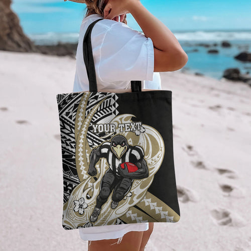 Personalized Collingwood Magpies Tote Bag Polynesian Tribal Magpie Mascot With Hibiscus Floral Art
